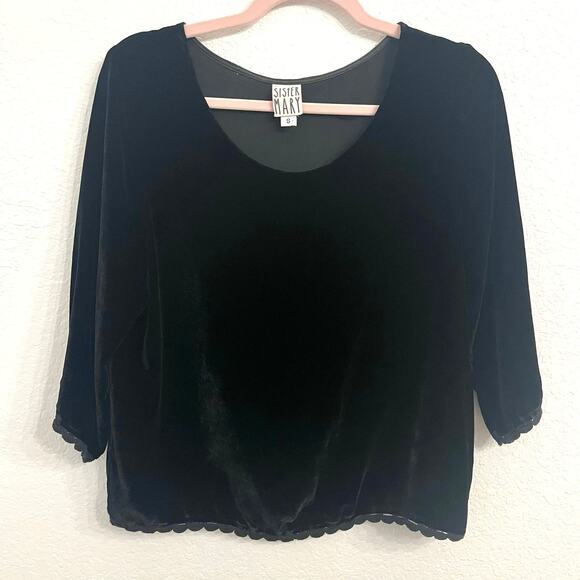 Sister Mary Silk Velvet Top Small Black Lace Trim Whimsigoth Crop Oversized Boxy - Picture 1 of 10